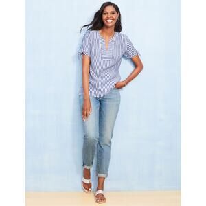 Talbots Linen White blue stripe tie sleeve top SIze‎ XS